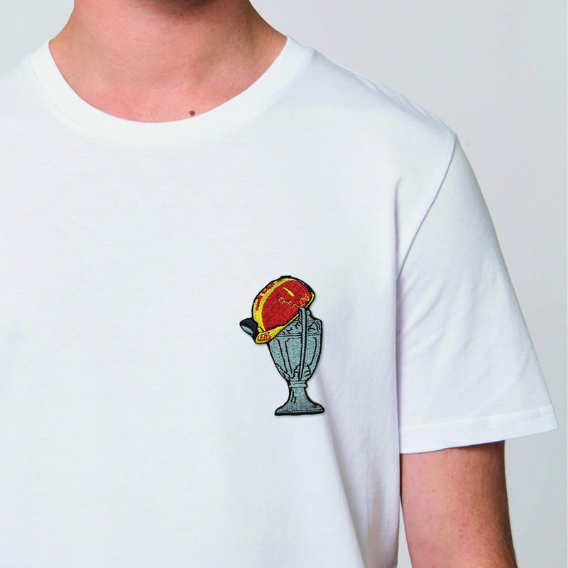T-shirt brodé Lens Coupe de France 2026, casque de mineur sur le trophée, coloris blanc - Maison Ferveur